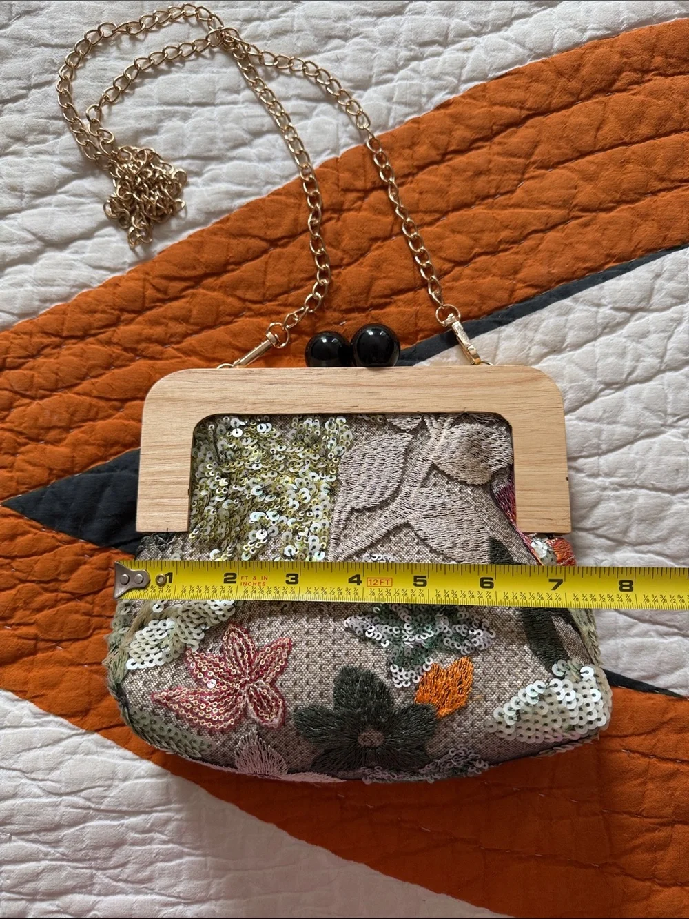 Embroidered Floral Sequin Crossbody Bag with Wood Frame - Multicolor
